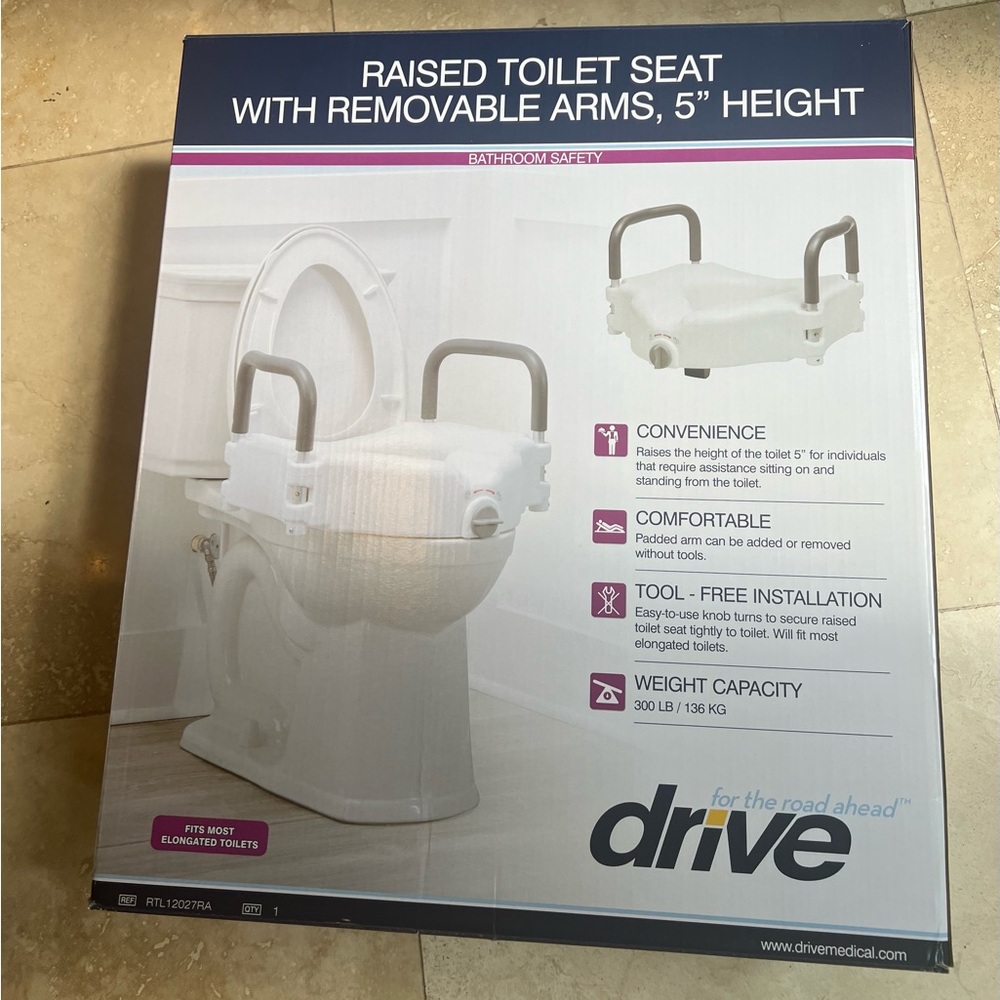 DRIVE MEDICAL Raised Toilet Seat Removable Padded Arms Standard Seat Like New
